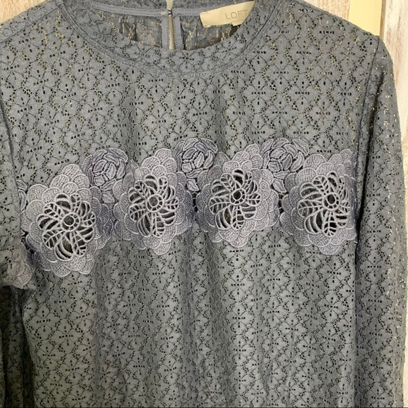 LOFT Slate Grey Floral Lace Embroidered Blouse - Picture 3 of 6